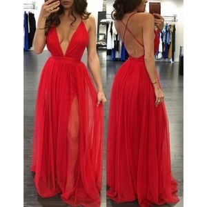 Red tulle evening gown dress crossback Maxi